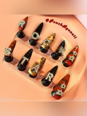 Rhinestone Initial & Star Stiletto Press-On Nails - Multicolor